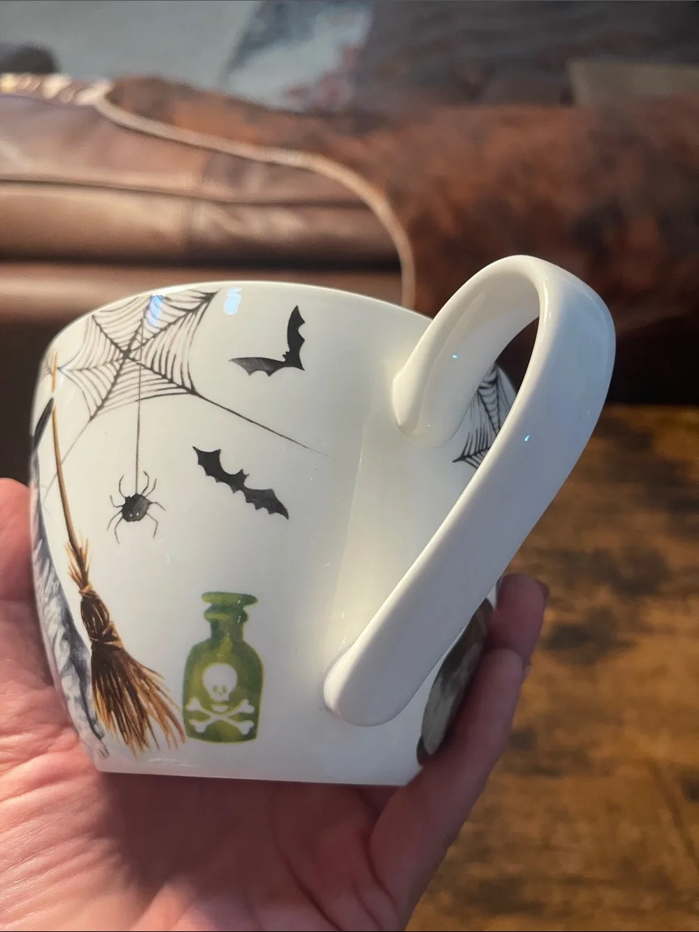 Halloween Cat Ceramic Coffee Mug - White with Green Accent